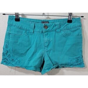 BePop Teal Blue Hot Pants Shorts 3 Flat Front Slashed Pockets Embroidered